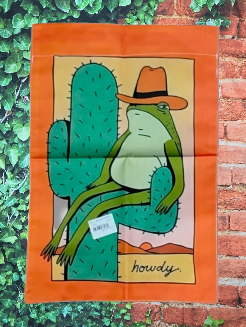 All Season Whimsical Green Frog on Cactus Garden Flag